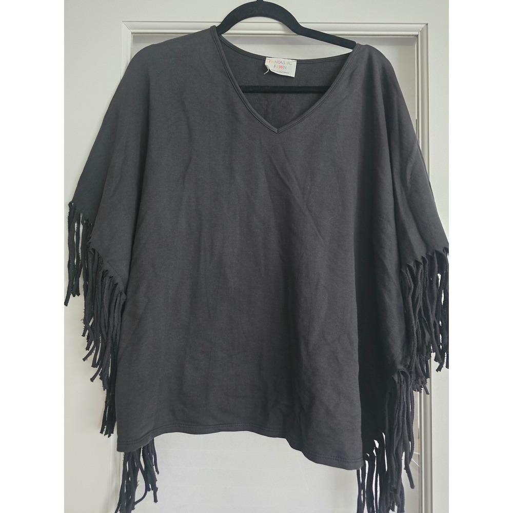 Fantastic Fawn Black Fringe Poncho Top V-Neck Cotton Small Festival Country S/M